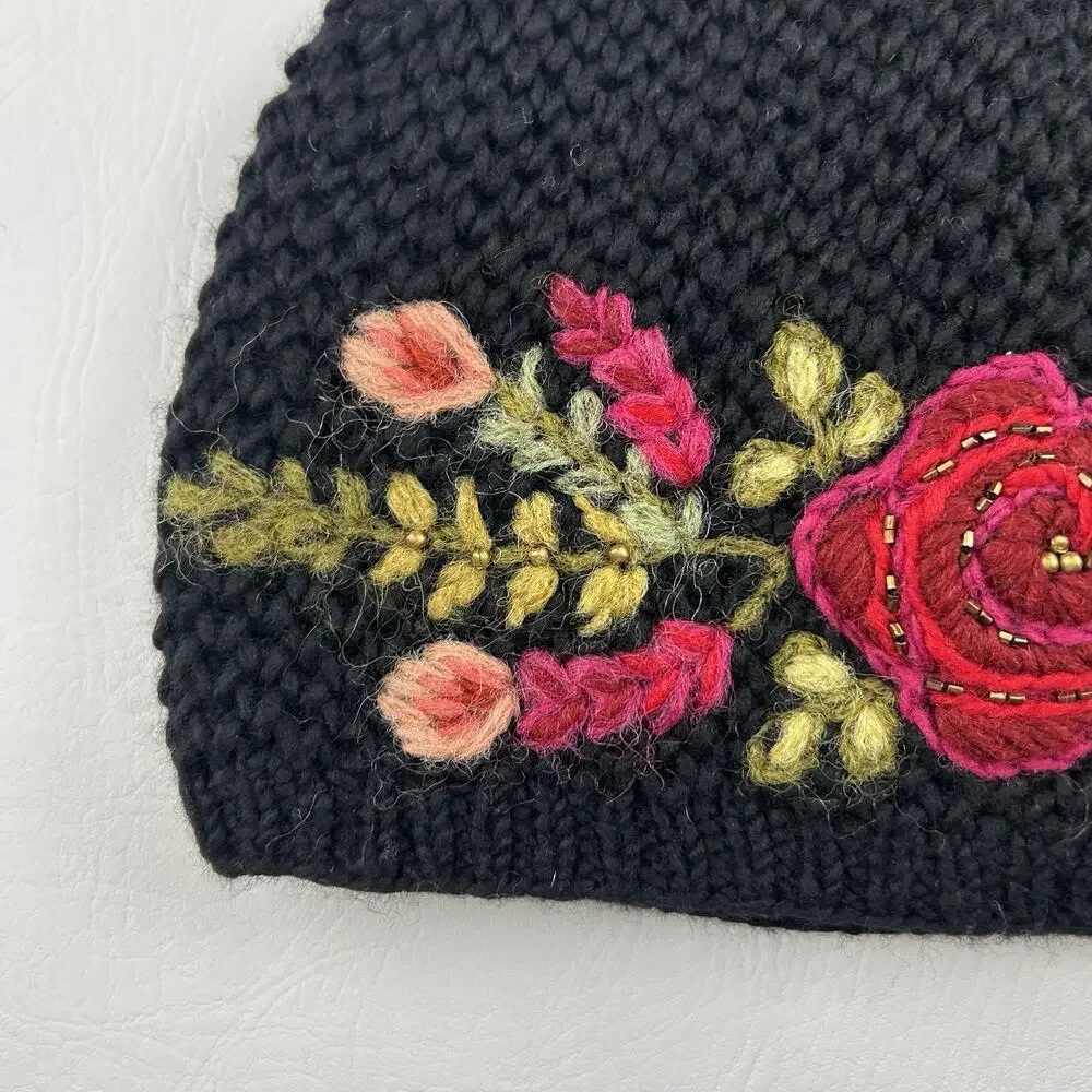French Knot Black Wool Floral Embroidered Beanie Hat Lined One Size Women